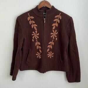 Revue Brown Vintage Wool Leaf Zip Up Cardigan Sweater Size L